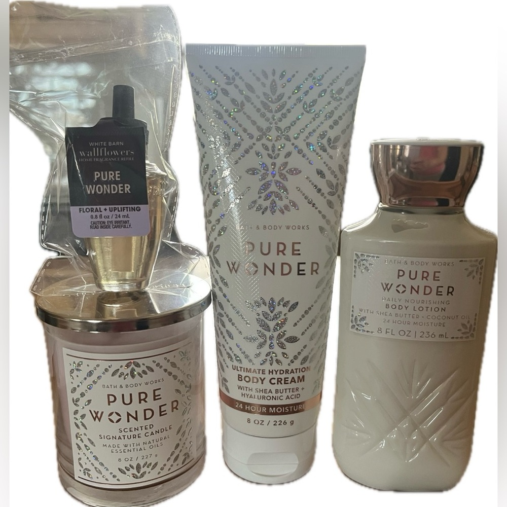 Bath & Body Set -Pure Wonder Candle, Body Cream, Body lotion & Wallflower. NWT
